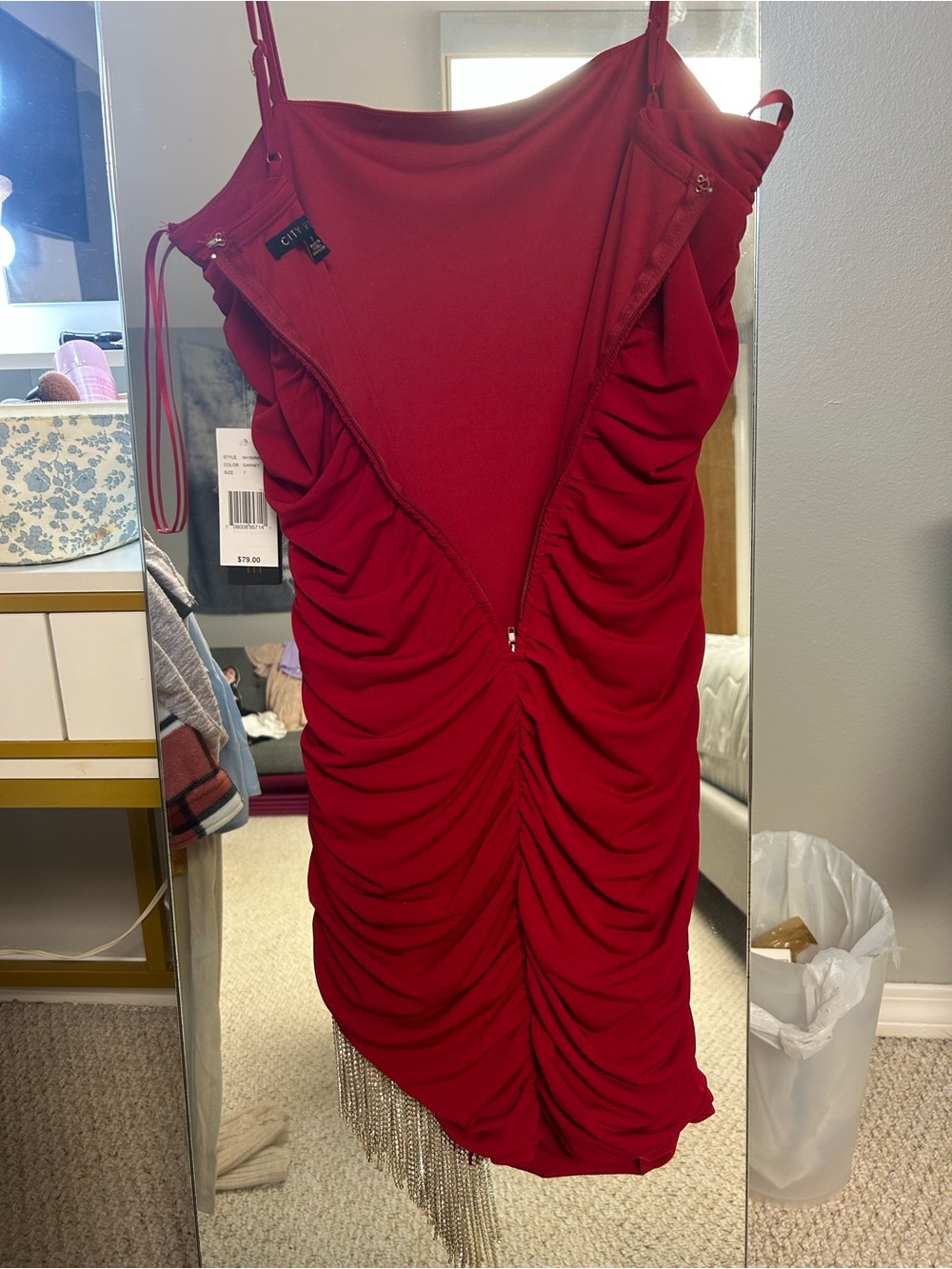 Red Rhinestone Fringe Ruched Mini Dress - Picture 7 of 9